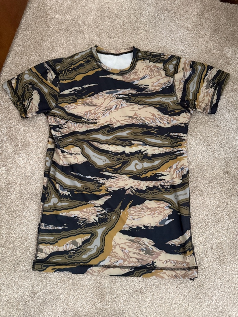 Origin JJ Short Sleeve Rash Guard Camo Tee in Olive, Tan & Black, Comfort Fit